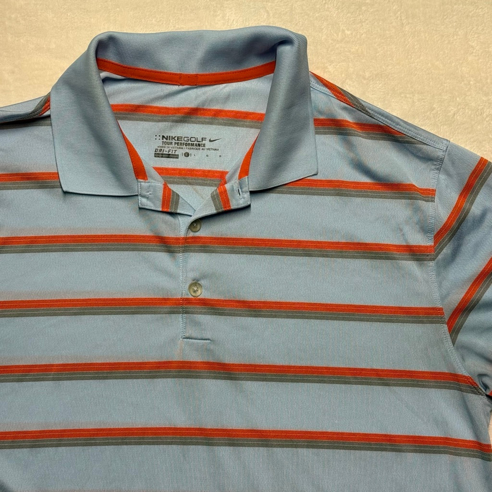 Men's‎ Nike Golf Tour Performance Dri Fit Blue Orange Striped Polo Shirt Large